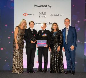 Thames Valley Police, winner of The Most Open Workforce Award 2022 on stage with Louise Minchin, Chris Pitt (CEO of first direct UK, headline sponsor) and Jog Hundle (Menopause Friendly Independent Panel Member)