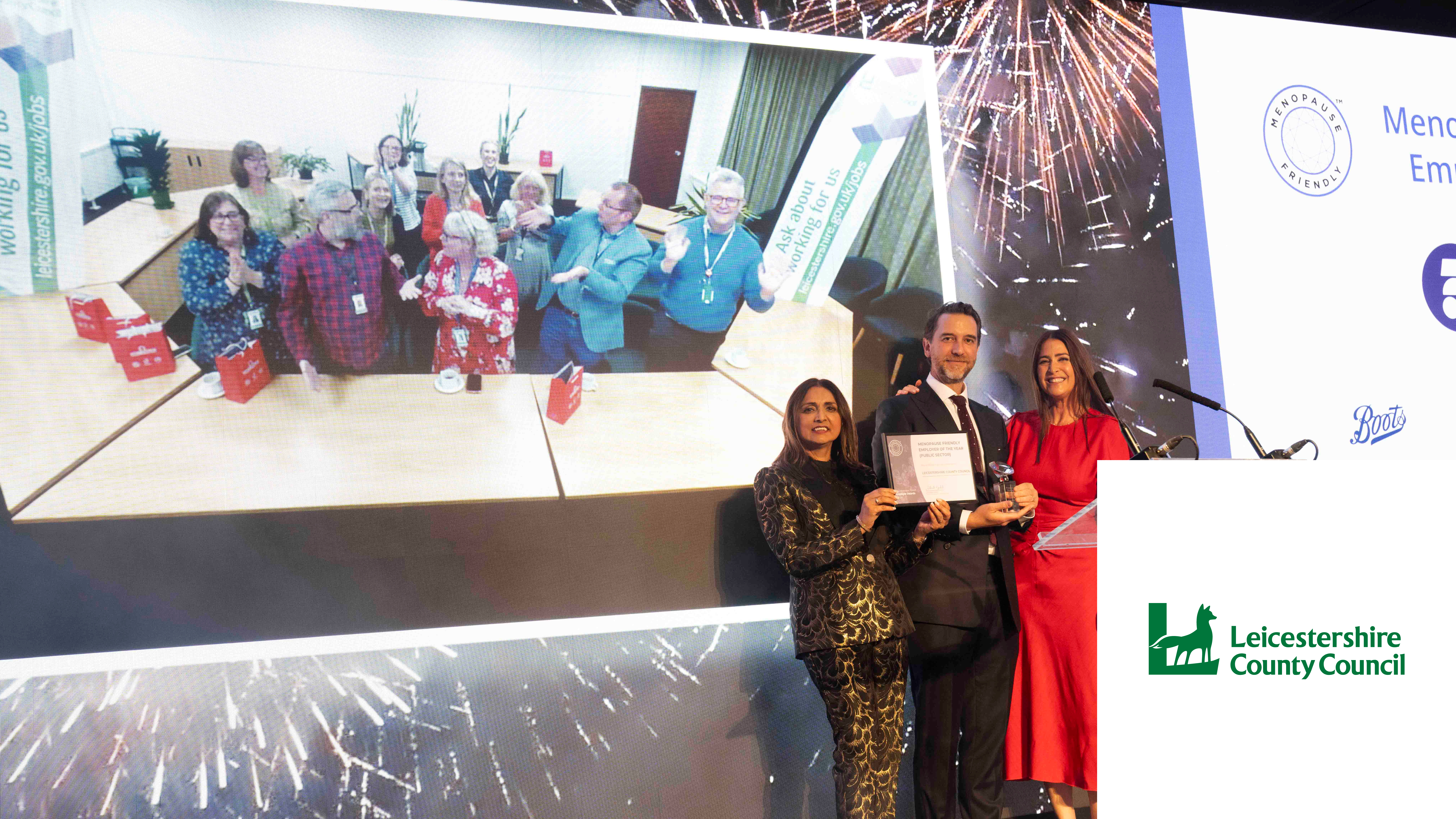 Leicestershire County Council on stage with Lisa Snowdon at the Menopause Friendly Employer Awards 2024 Winner