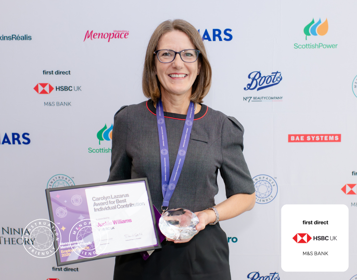 Jackie Williams of HSBC UK, Carolyn Lazarus Award winner at the 2026 Menopause & Menstruation Friendly Employer Awards